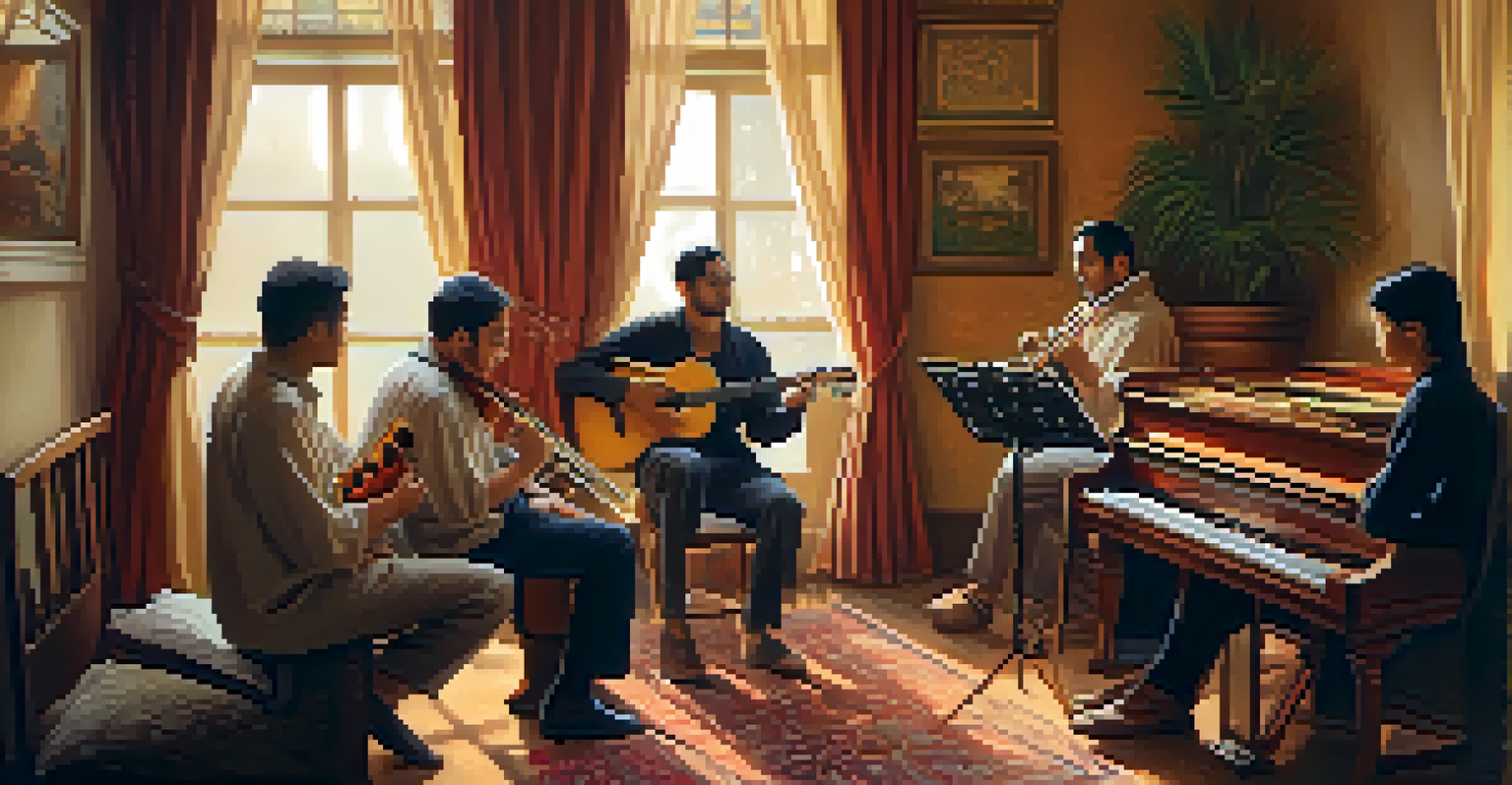 A group of musicians playing traditional instruments in a cozy room, illuminated by warm light, showcasing their engagement and cultural motifs on the walls.