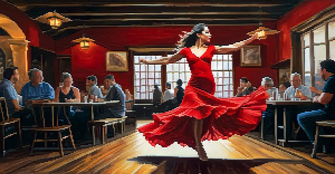 A Flamenco dancer in a red dress performing on stage with graceful movements, surrounded by a warm-lit café ambiance.