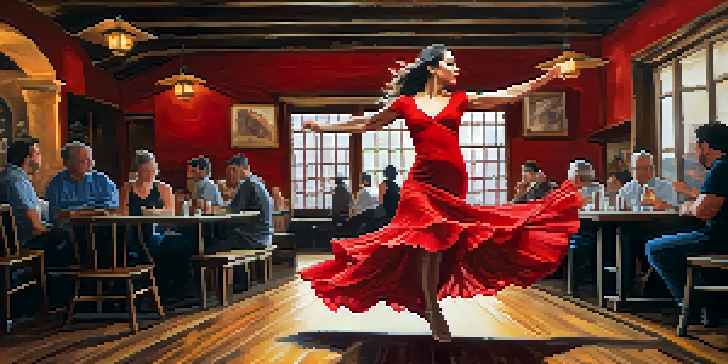 A Flamenco dancer in a red dress performing on stage with graceful movements, surrounded by a warm-lit café ambiance.