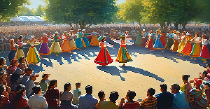 A lively outdoor festival with dancers in traditional costumes performing a folk dance under the sunlight, surrounded by an enthusiastic crowd and trees.