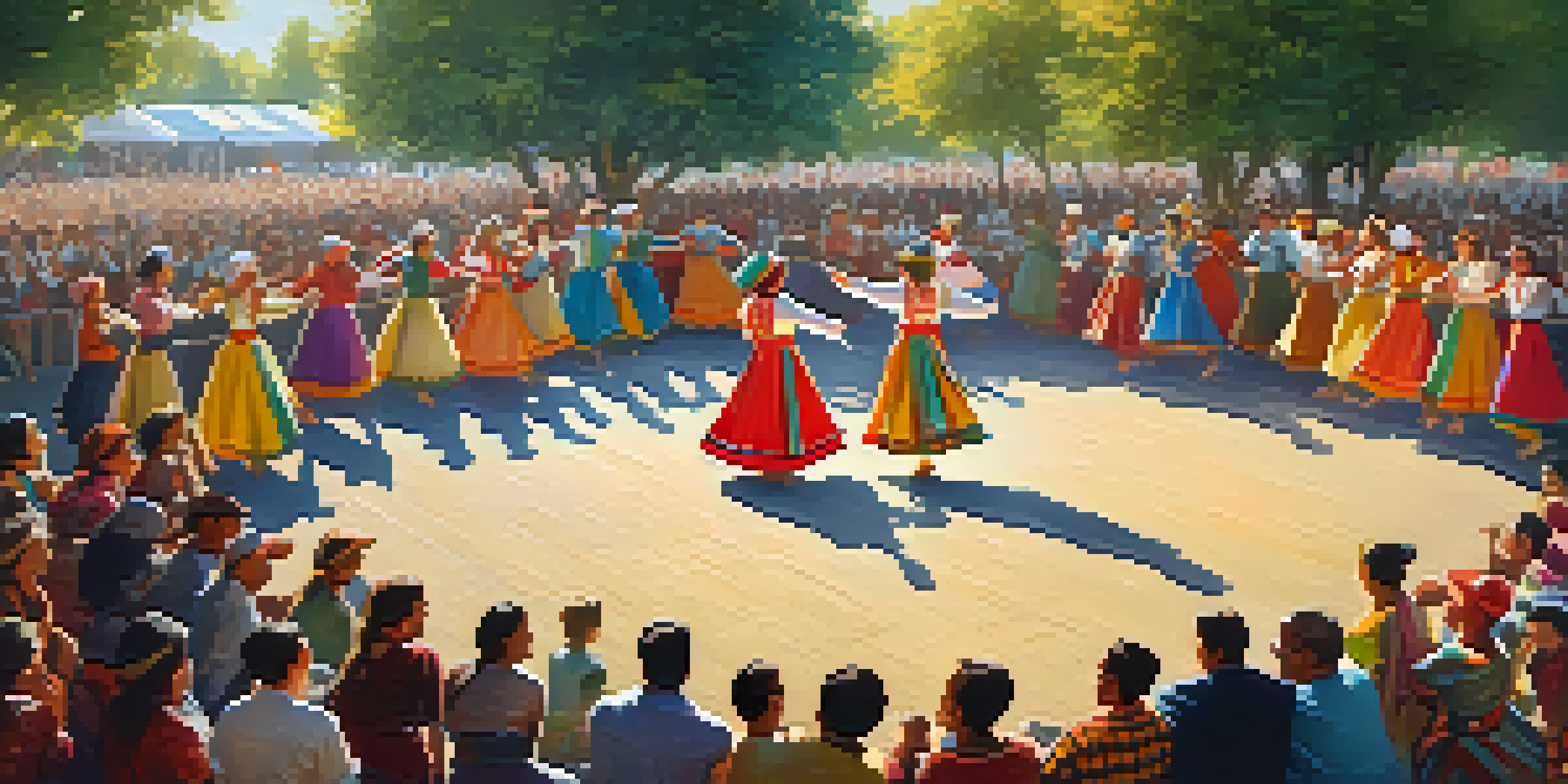A lively outdoor festival with dancers in traditional costumes performing a folk dance under the sunlight, surrounded by an enthusiastic crowd and trees.