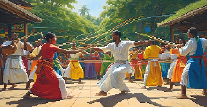 A lively outdoor Capoeira roda with practitioners of various backgrounds performing colorful movements, surrounded by greenery and an audience enjoying the performance.