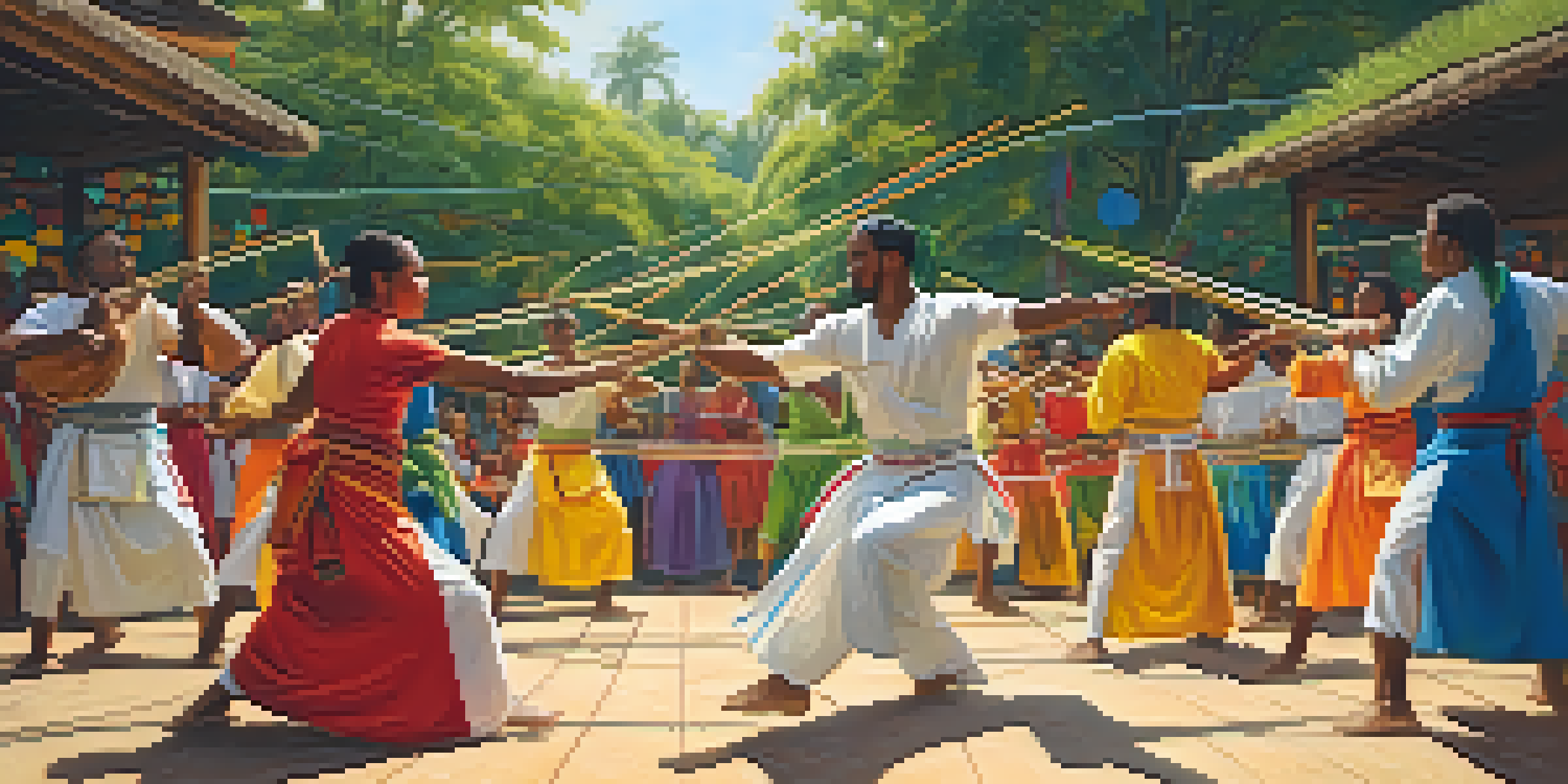 A lively outdoor Capoeira roda with practitioners of various backgrounds performing colorful movements, surrounded by greenery and an audience enjoying the performance.