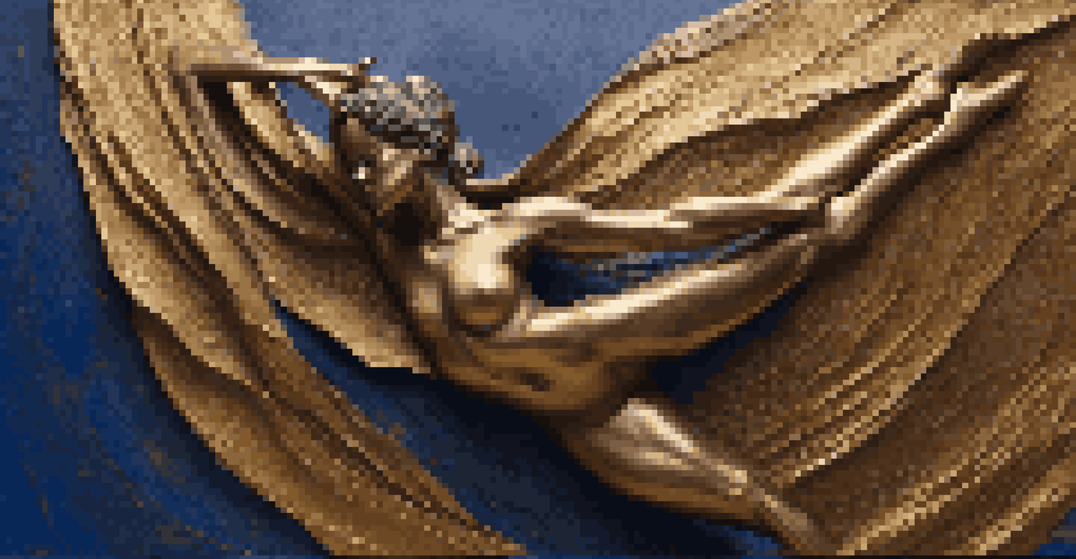 A bronze sculpture of a dancer in a dynamic pose against a textured blue and gold wall, illuminated by warm light.