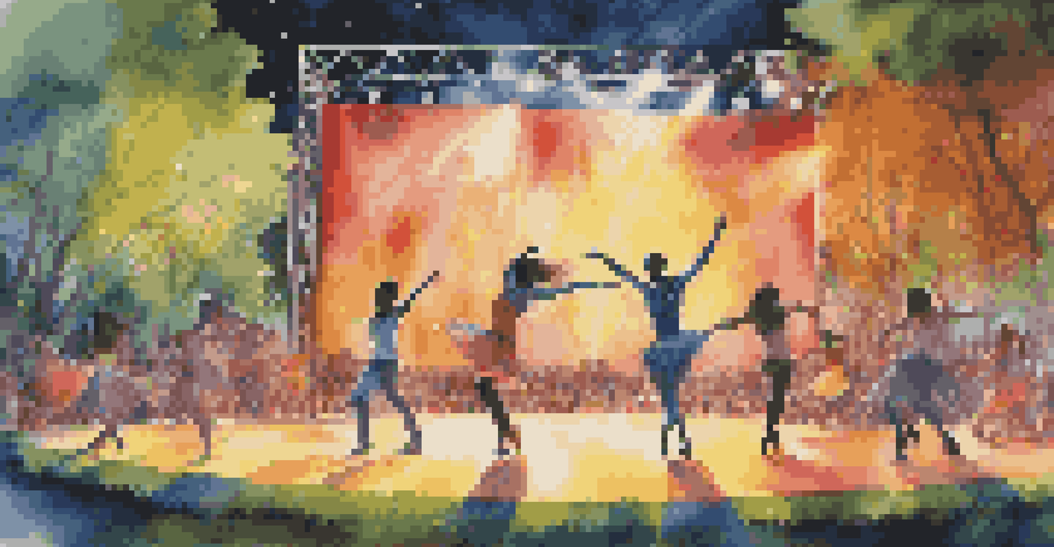 Dancers performing outdoors with colorful multimedia projections, engaging an audience in a captivating atmosphere.