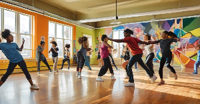 A lively dance studio where diverse individuals are joyfully expressing themselves through different dance styles, surrounded by colorful murals and warm sunlight.