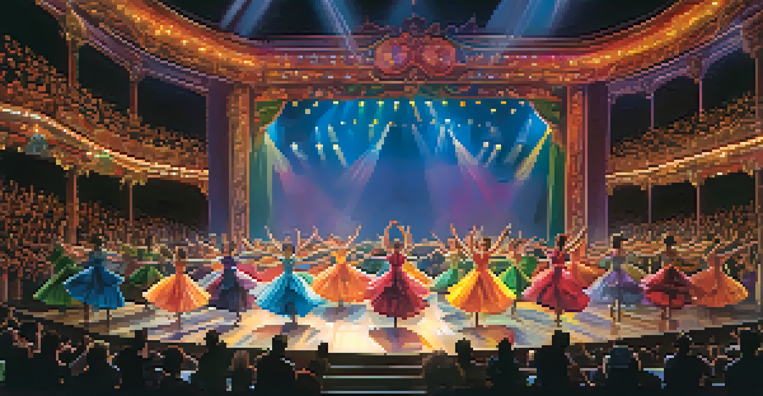 A stage filled with dancers in colorful costumes performing under bright lights, with an engaged audience in the foreground.