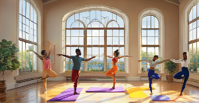 A group of individuals participating in a dance therapy session in a bright, sunlit studio, moving gracefully and joyfully.