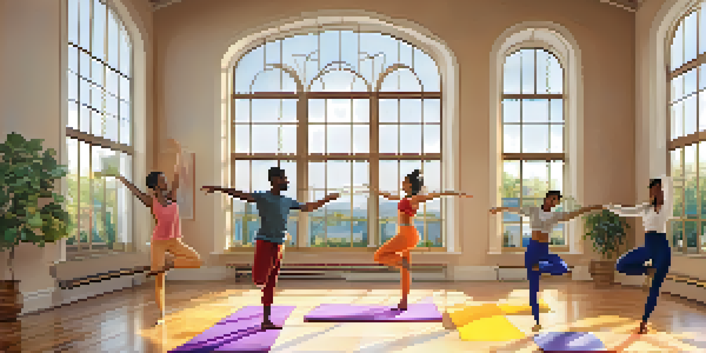 A group of individuals participating in a dance therapy session in a bright, sunlit studio, moving gracefully and joyfully.