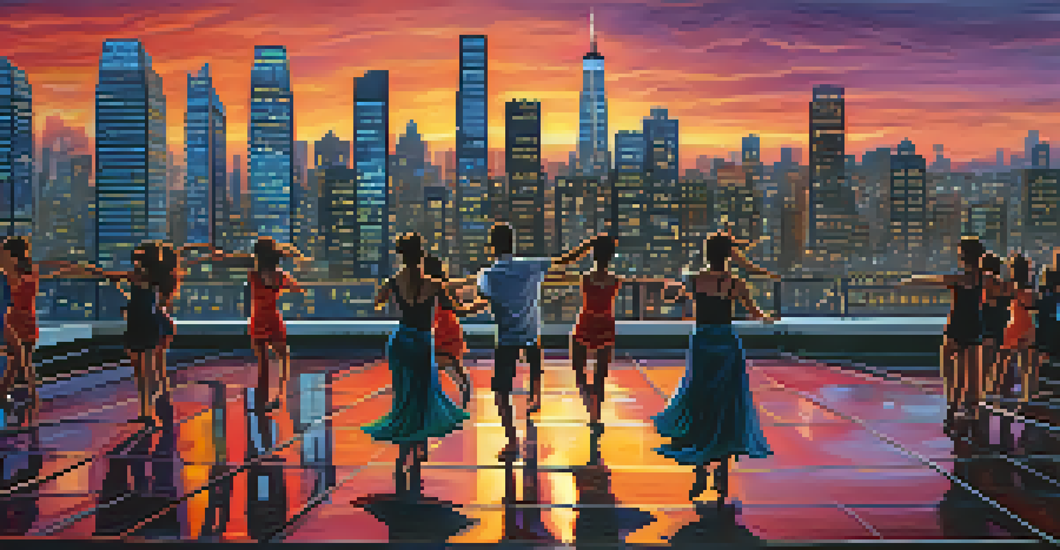Dancers performing on a rooftop against a city skyline, illustrating themes of climate change with expressive movements and vibrant lighting.