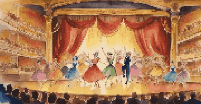 A lively dance performance in a vintage vaudeville theater with colorful costumes and warm lighting, showcasing the joy of the audience.