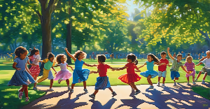 A group of children dancing in a sunny park, showcasing various dance styles with colorful clothing and joyful expressions.