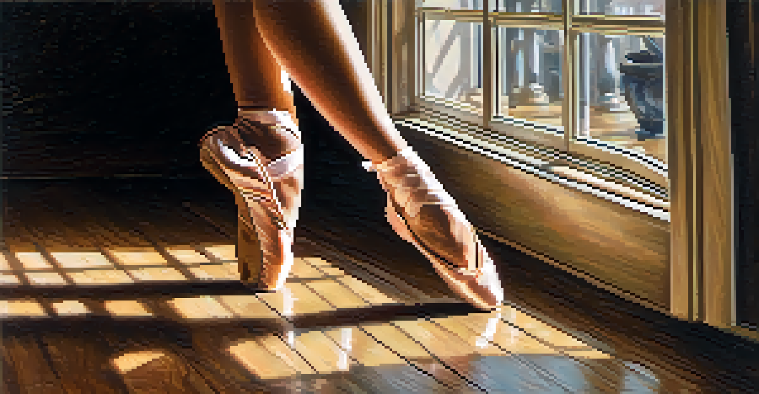 Close-up of a dancer's feet in ballet shoes on a textured wooden floor with soft lighting.
