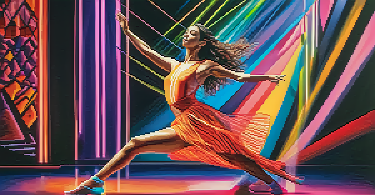 A contemporary dancer in a neon costume posing on a stage with geometric patterns and vibrant lighting.