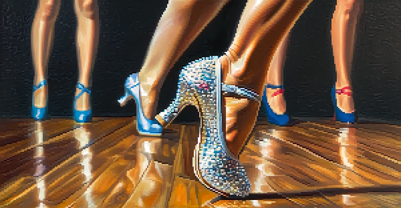 A close-up of a dancer's feet in colorful dance shoes in motion on a wooden floor, with other dancers softly blurred in the background.
