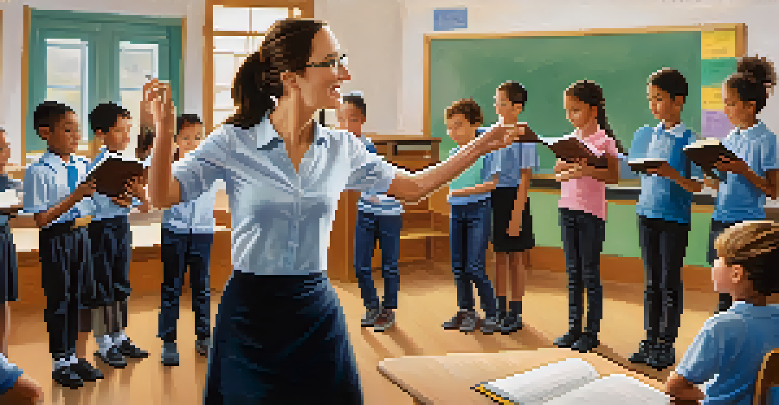 A teacher demonstrating dance movements to students in a bright classroom, with students attentively watching.