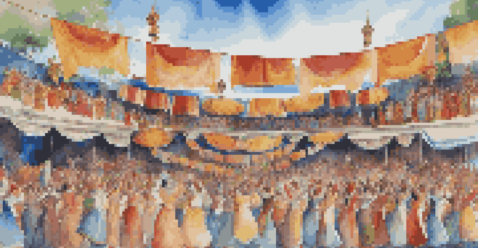An outdoor dance festival with performers in traditional attire and a diverse audience watching under a blue sky.