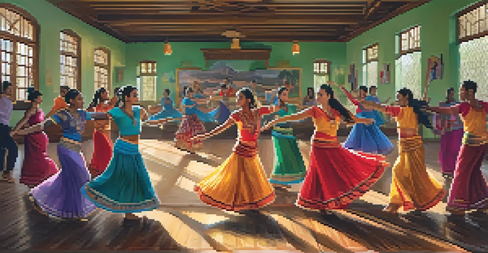 A diverse group of dancers participating in a traditional dance workshop, showcasing vibrant costumes and colorful cultural decorations in a well-lit room.