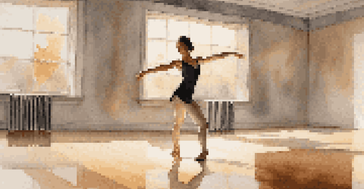 A solo dancer in a dimly lit studio, reflecting in mirrors, performing a contemporary dance.