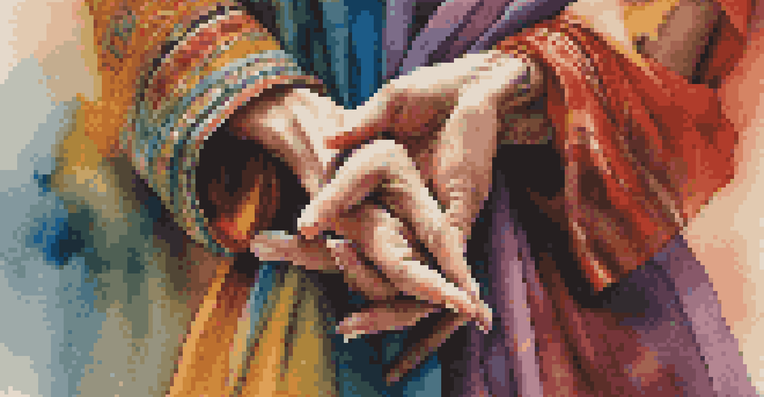 A close-up of a dancer's expressive hands against a colorful background of dance costumes and fabrics.