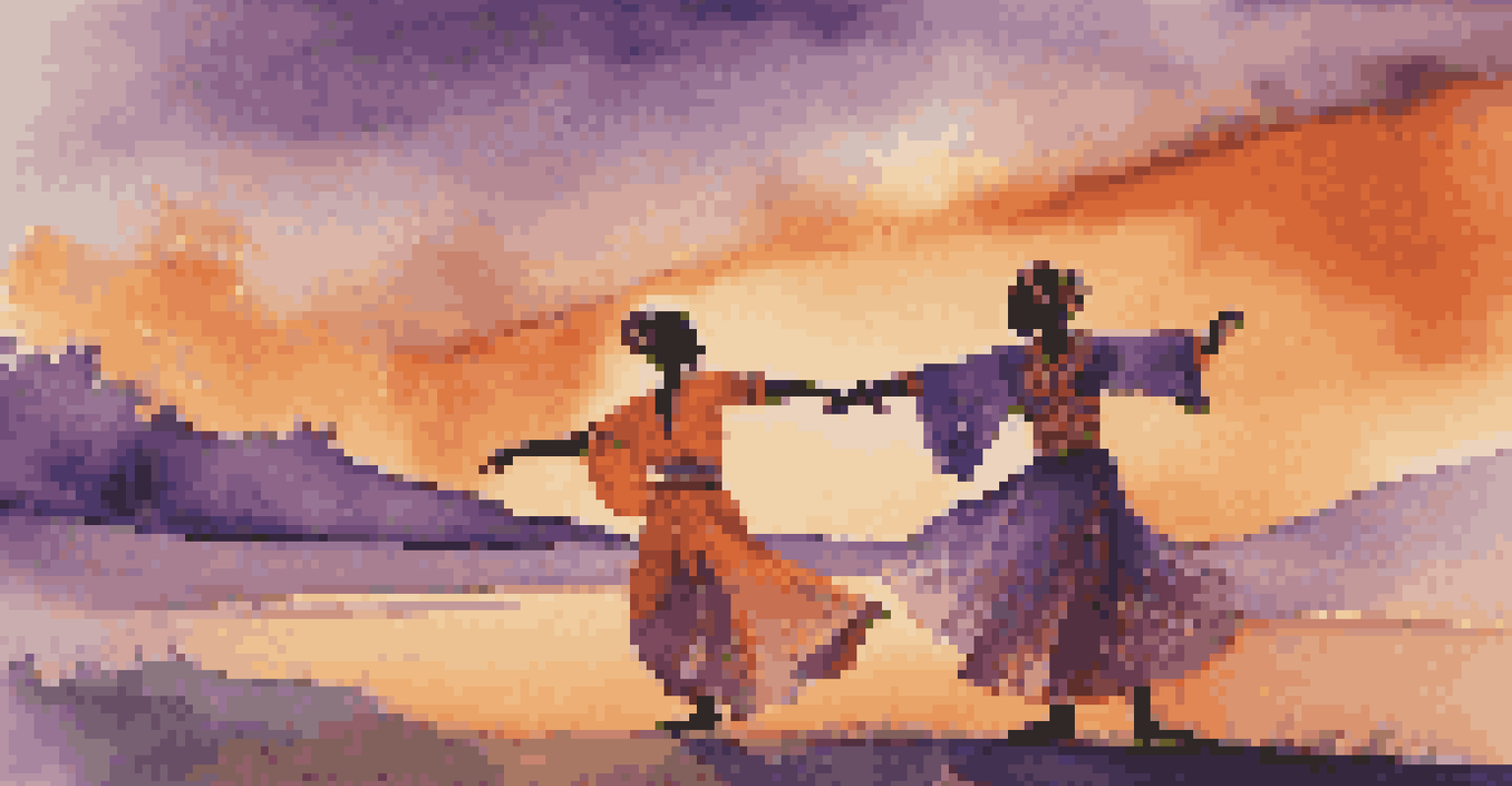Two dancers performing outdoors at sunset, one reaching out and the other leaning back, in vibrant costumes.