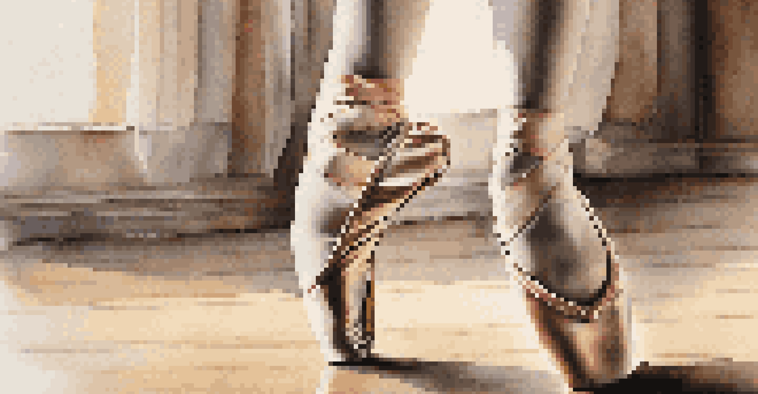 Close-up of a ballet dancer's feet in pointe shoes on a wooden floor.