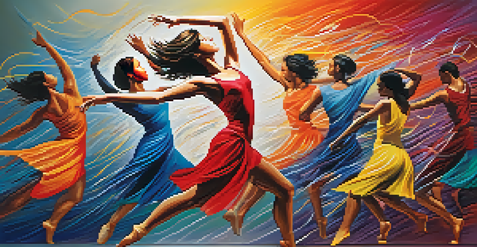An abstract depiction of a dancer in motion surrounded by colorful musical notes, illustrating the connection between music and dance.