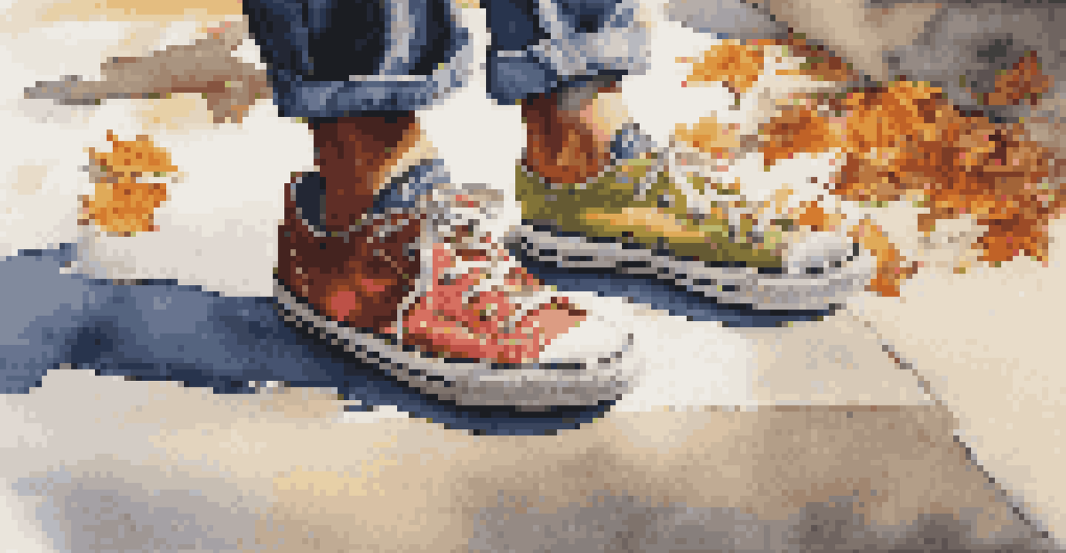 Close-up of a street dancer's feet performing a move on the pavement, highlighting stylish sneakers and the textured concrete below.