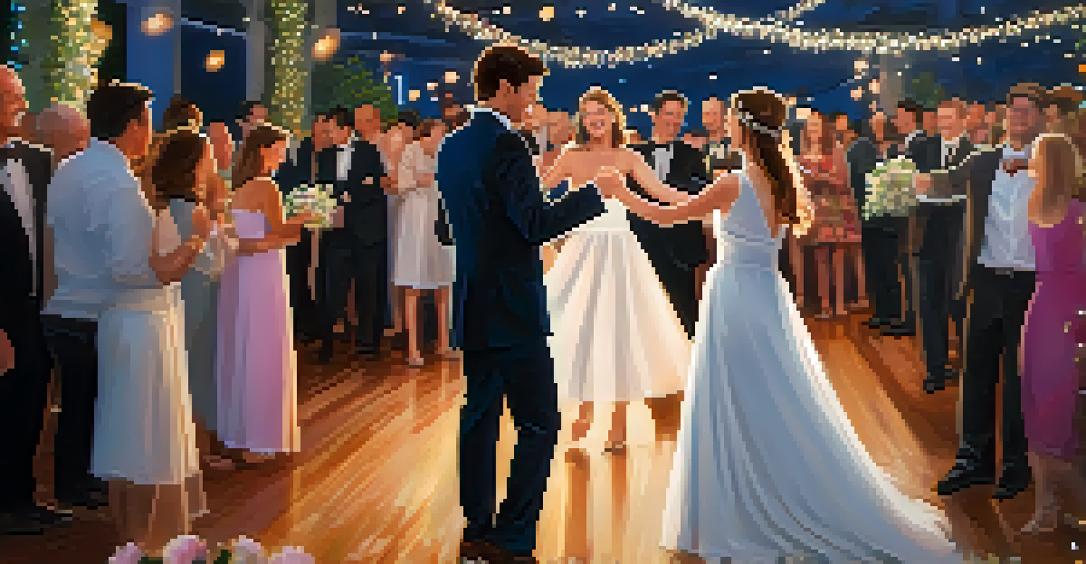 A couple dancing joyfully at a wedding reception with fairy lights and floral arrangements in the background.