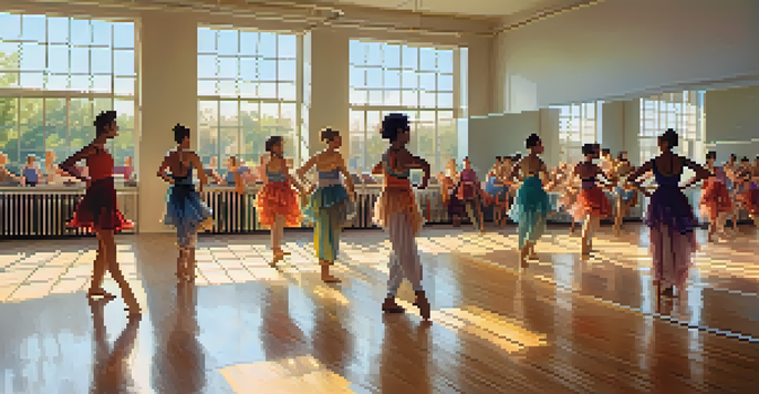A lively dance rehearsal in a bright studio with diverse dancers practicing together, reflecting their movements in large mirrors.