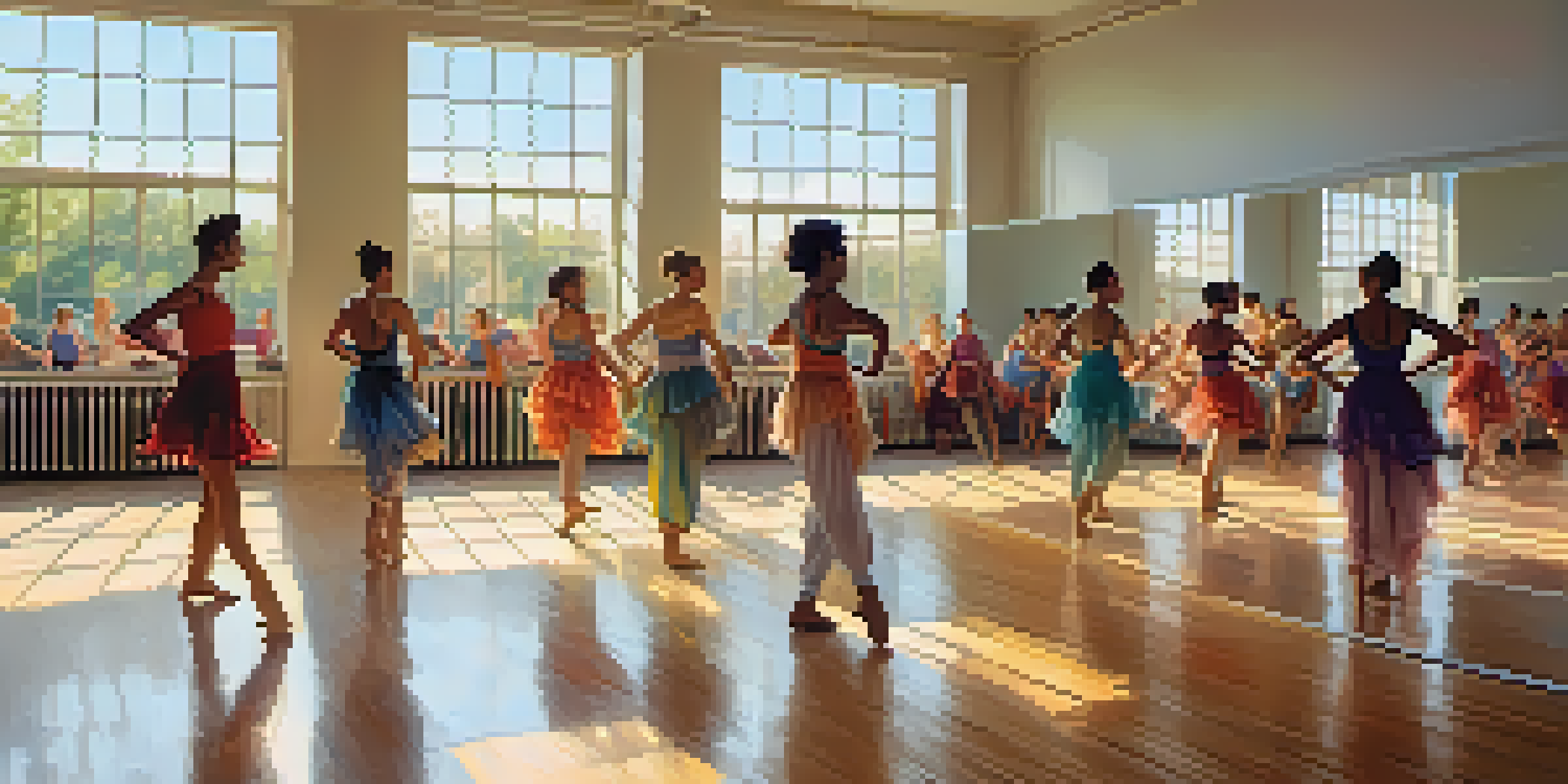 A lively dance rehearsal in a bright studio with diverse dancers practicing together, reflecting their movements in large mirrors.