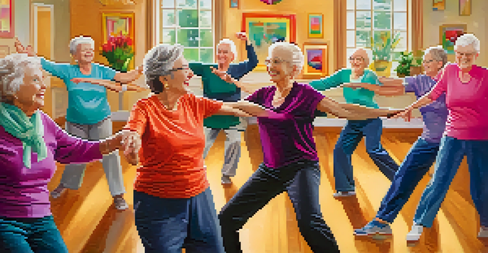A group of happy seniors dancing in chairs, using colorful scarves, in a bright and decorated room.