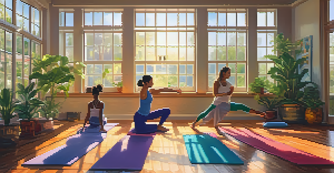A diverse group of individuals practicing yoga in a sunlit room with colorful mats, surrounded by indoor plants.