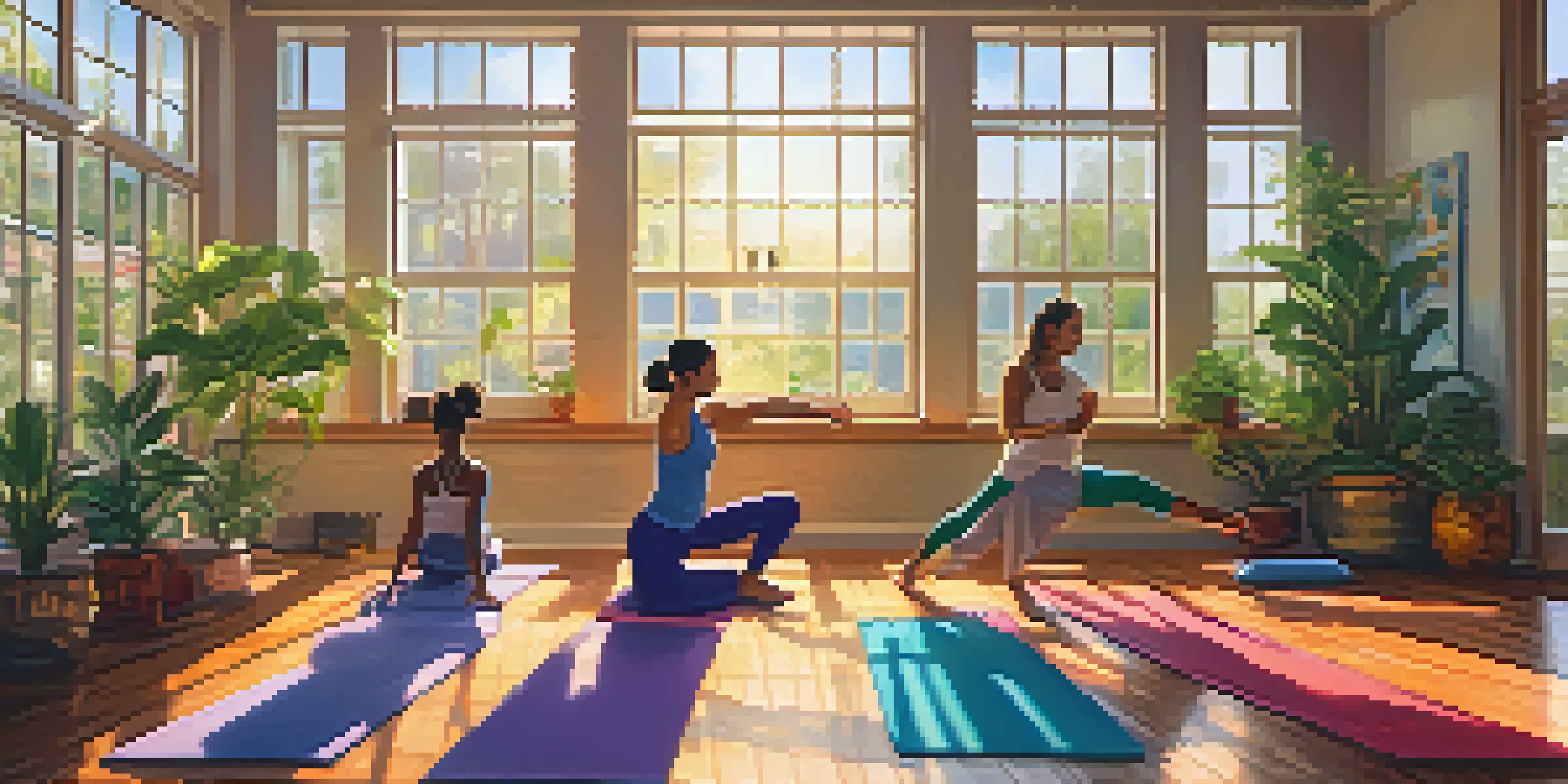 A diverse group of individuals practicing yoga in a sunlit room with colorful mats, surrounded by indoor plants.