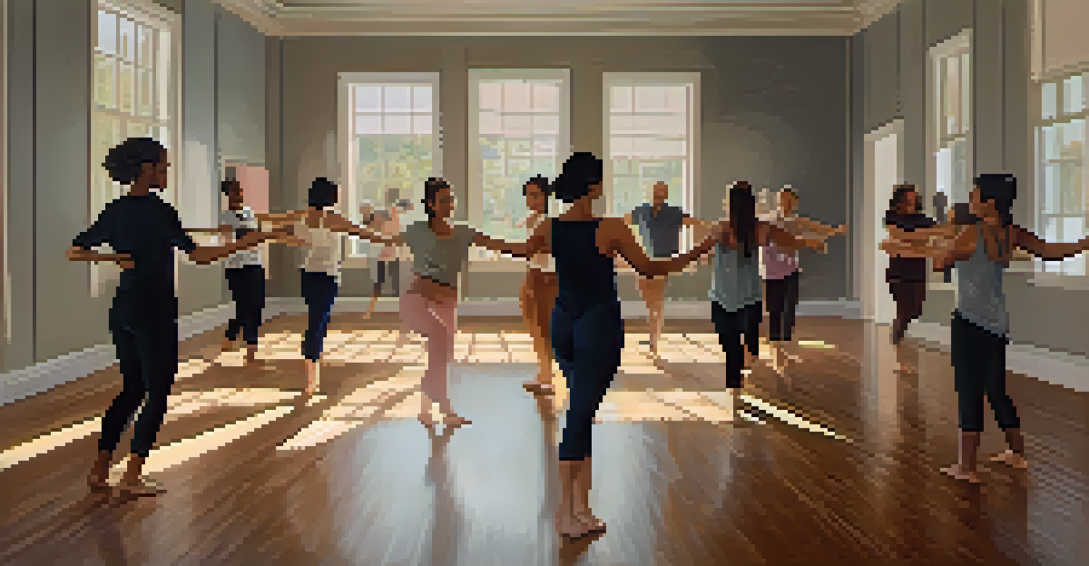 A cozy dance therapy session with individuals moving expressively in a softly lit studio, promoting emotional expression.
