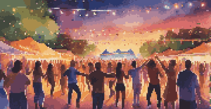 A lively outdoor dance festival with people of various backgrounds dancing under colorful lights at sunset, with confetti falling.