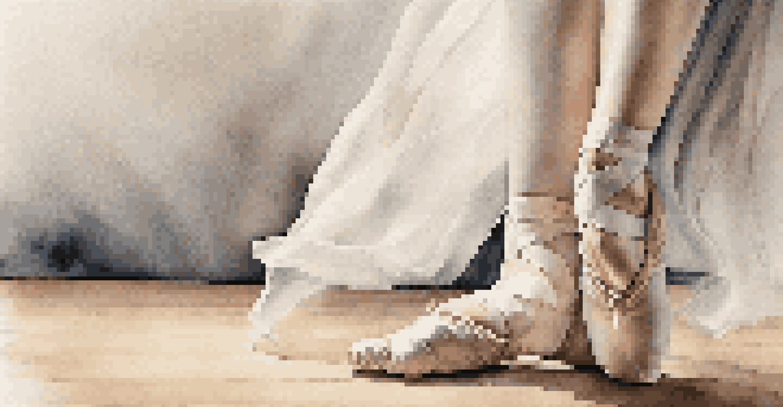 Close-up of a dancer's feet in ballet shoes on a wooden floor, emphasizing concentration and the connection to the ground with soft lighting.