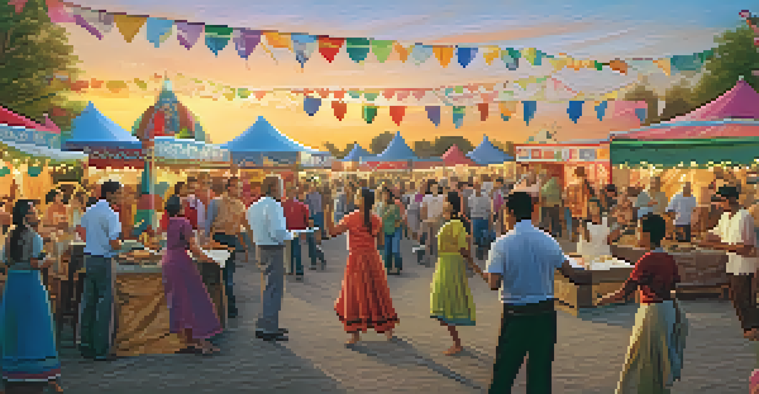 A diverse group of people participating in a folk dance at a local fair, surrounded by colorful decorations and food stalls as the sun sets.