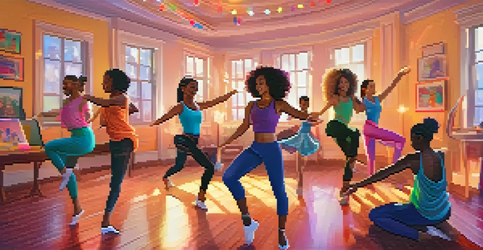 A group of diverse dancers participating in a virtual dance class, showcasing different styles in a cozy, well-lit room.