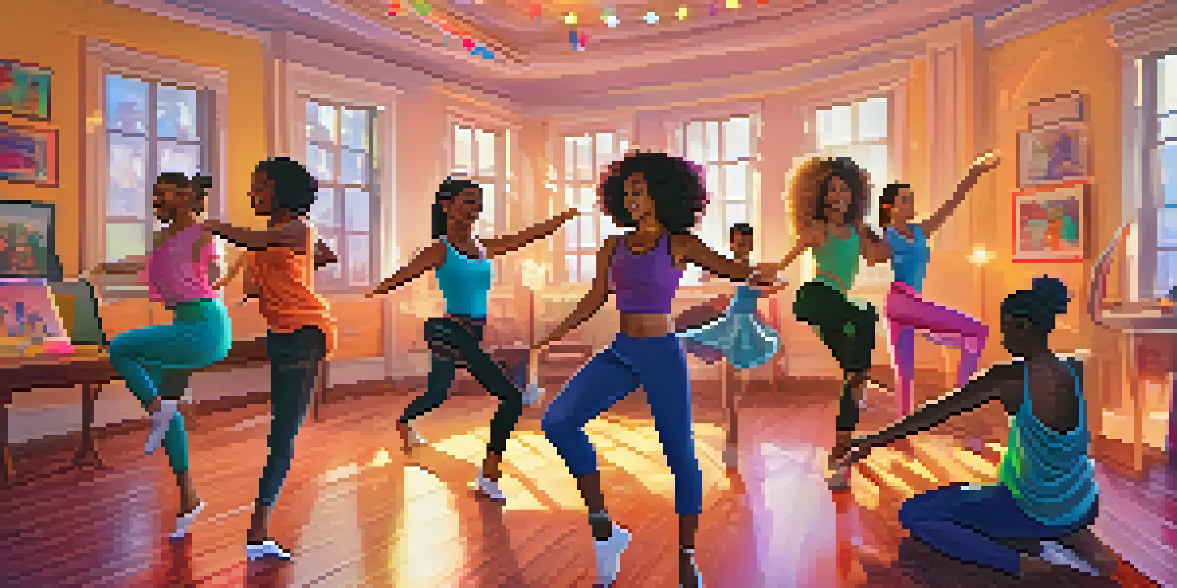 A group of diverse dancers participating in a virtual dance class, showcasing different styles in a cozy, well-lit room.
