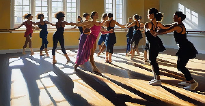 A group of diverse dancers rehearsing in a bright studio with sunlight streaming through windows, showcasing various dance styles.