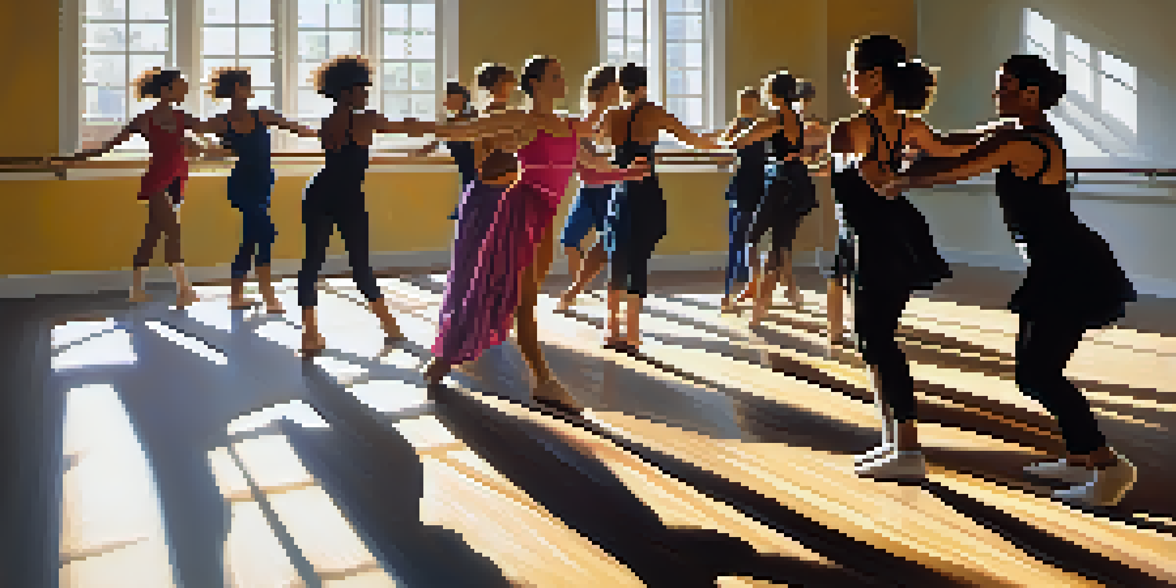 A group of diverse dancers rehearsing in a bright studio with sunlight streaming through windows, showcasing various dance styles.