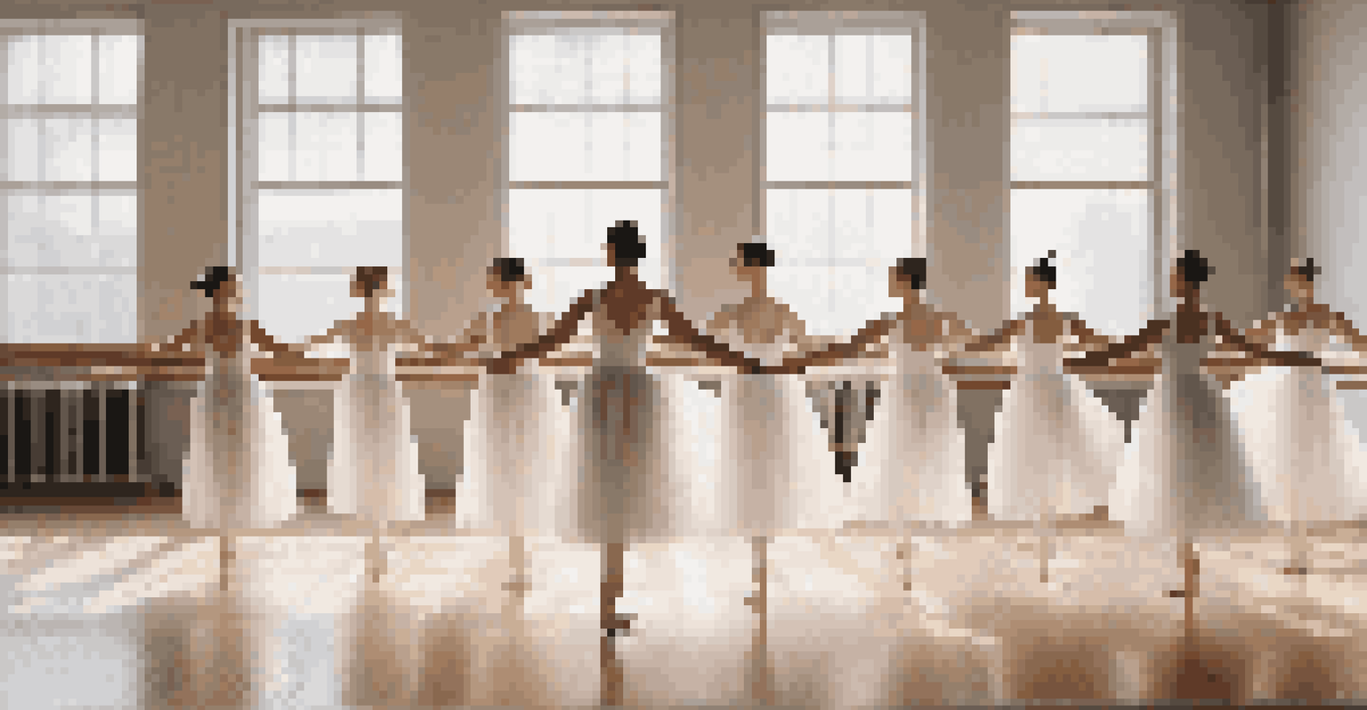 A group of ballet dancers in white costumes posing synchronously in a well-lit studio with large windows.