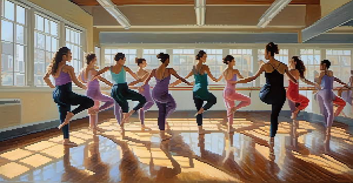 A bright dance studio with diverse dancers expressing emotions through movement, surrounded by mirrors and soft pastel-colored walls.