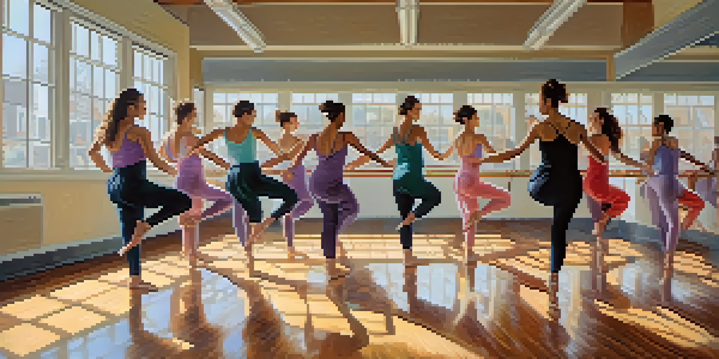 A bright dance studio with diverse dancers expressing emotions through movement, surrounded by mirrors and soft pastel-colored walls.