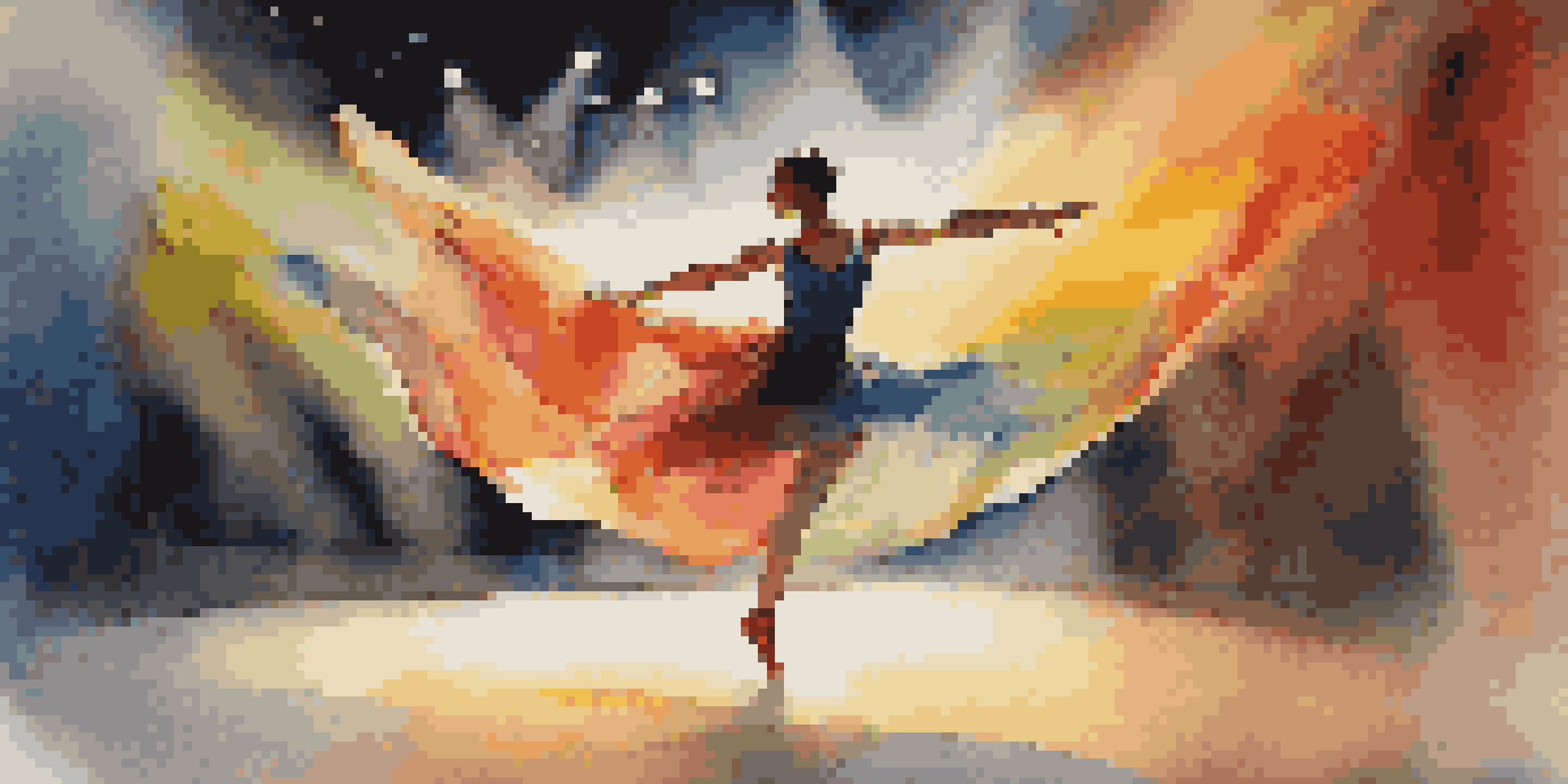 A dancer performing joyfully on stage with colorful lighting, surrounded by a blurred audience.