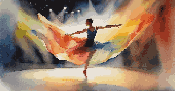 A dancer performing joyfully on stage with colorful lighting, surrounded by a blurred audience.