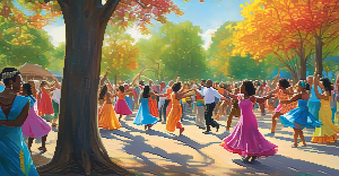 A lively community dance event in a park with diverse participants dancing joyfully under sunlight.