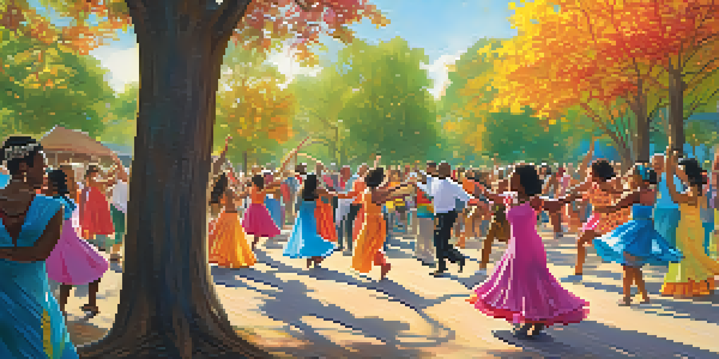 A lively community dance event in a park with diverse participants dancing joyfully under sunlight.
