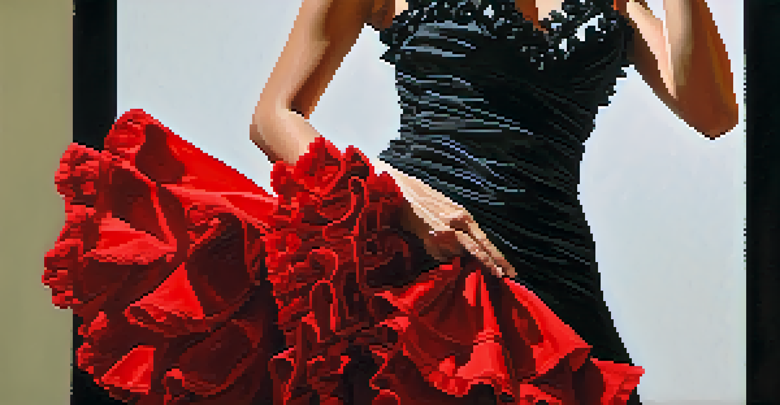 A close-up of a Flamenco dancer's vibrant dress with ruffles and polka dots, emphasizing the rich texture and flowing fabric.